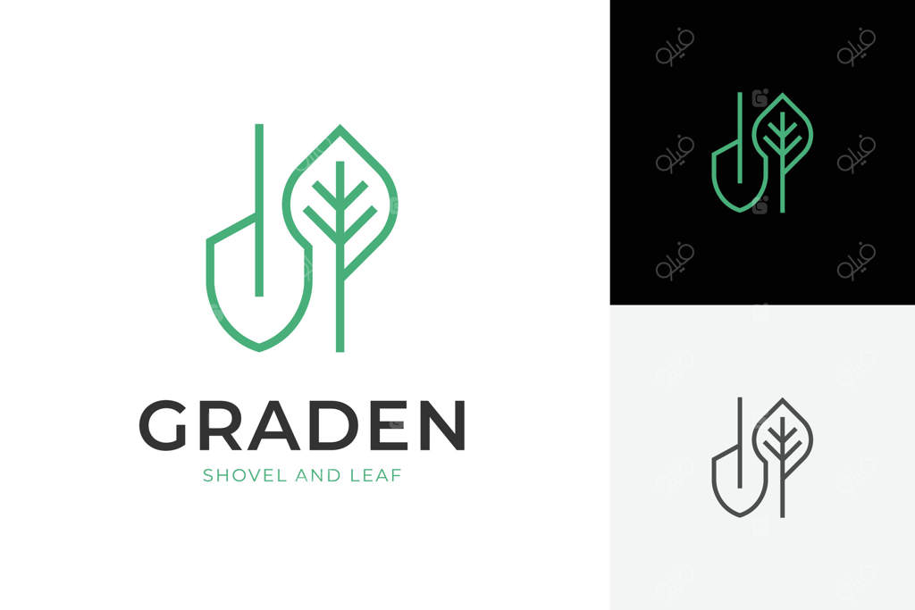 طراحی لوگوی ساده باغبانی با نماد بیل و طرح برگ برای قالب لوگوی باغ و کشتستان