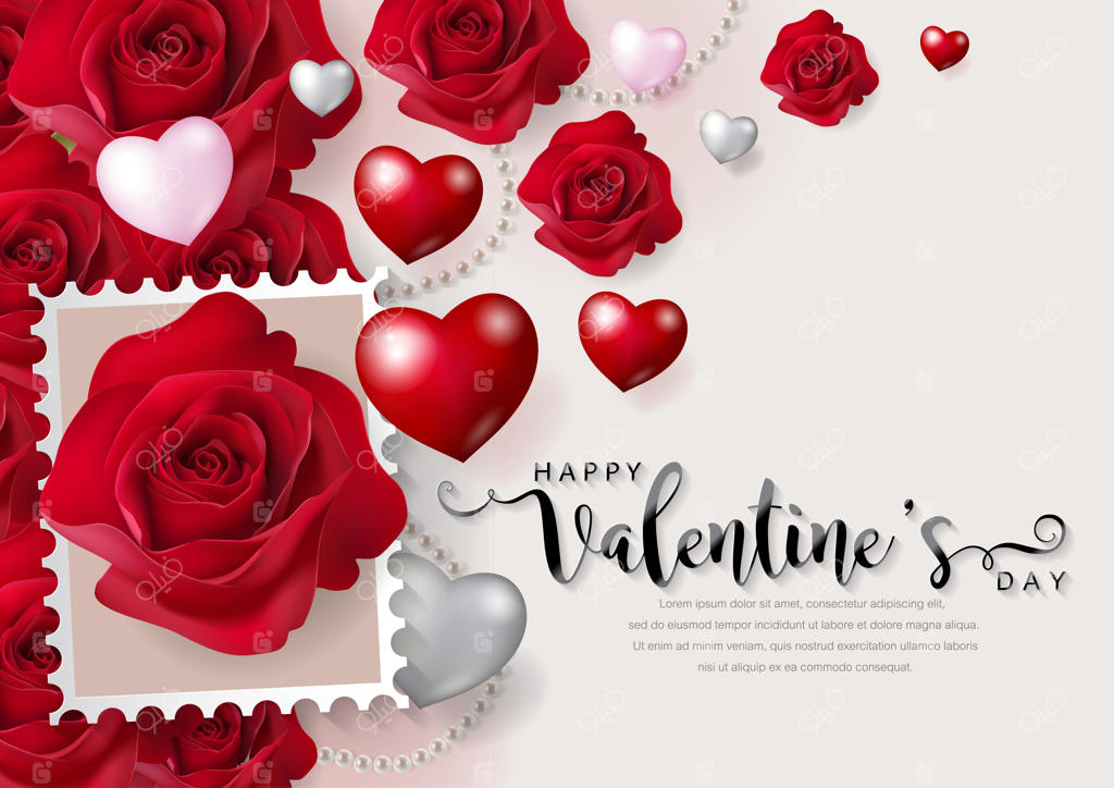 قالب‌های کارت تبریک روز ولنتاین با طراحی‌های واقعی گل رز زیبا و قلب بر روی پس‌زمینه‌ای رنگارنگ.