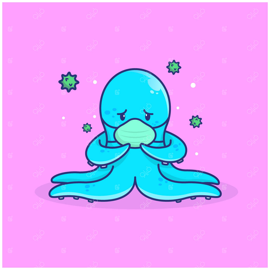 تصویر اختاپوس بامزه با ماسک محافظتی در برابر ویروس