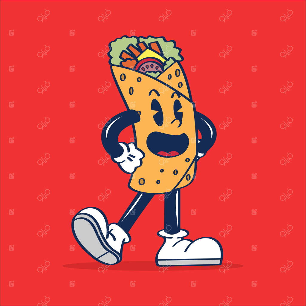 طرح دستی یک شخصیت بوریتو با صورت و دست‌ها روی کمر، به صورت کارتونی