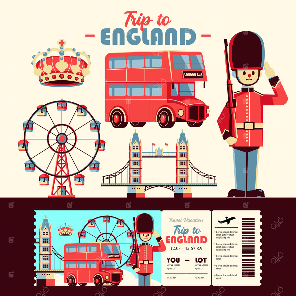 سفر به لندن: عناصر کارتونی، پل برج، نگهبانان، اتوبوس‌ها و تاج‌ها. مناسب برای رویدادها و تعطیلات