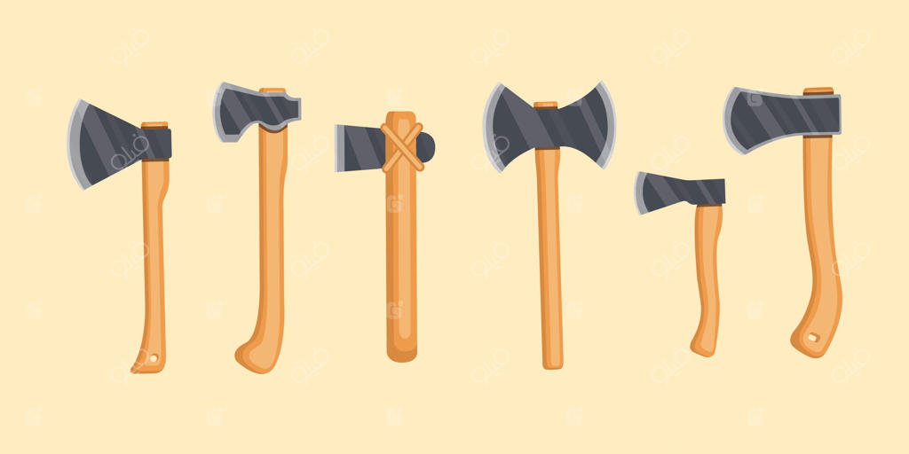 مجموعه وکتور انواع تبر شامل تبر جنگلبانی، آتش‌نشانی، تبر سفری و تبر آشپزخانه