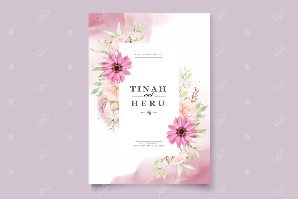 مجموعه کارت دعوت عروسی با طرح گل داوودی آبرنگی