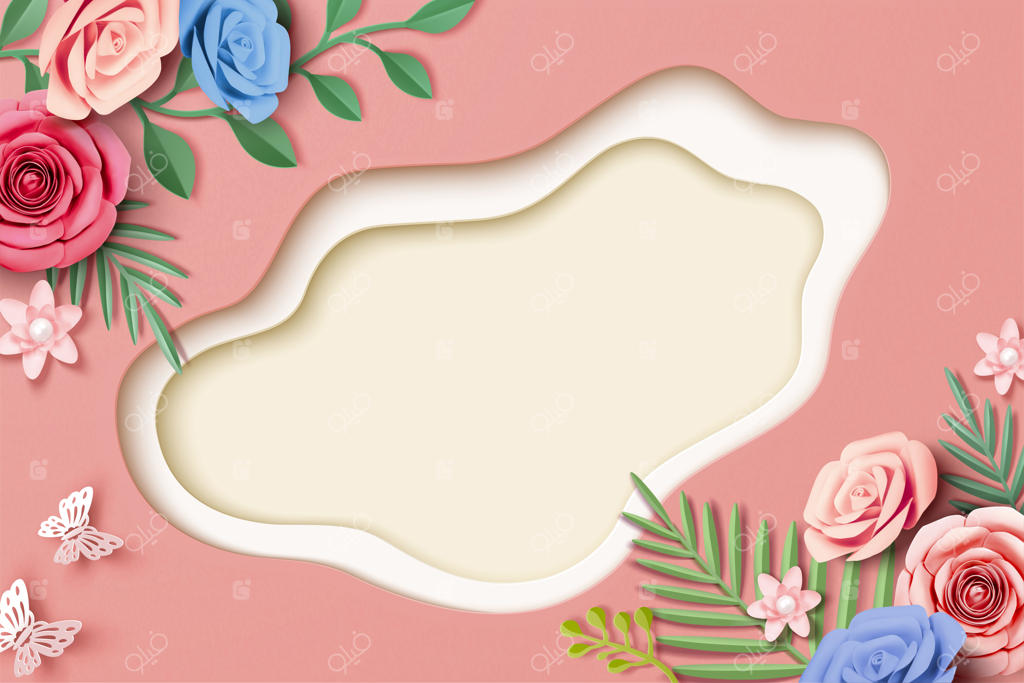 تصویرسازی سه‌بعدی گل‌های کاغذی و برگ‌ها در پس‌زمینه صورتی، نمای بالا