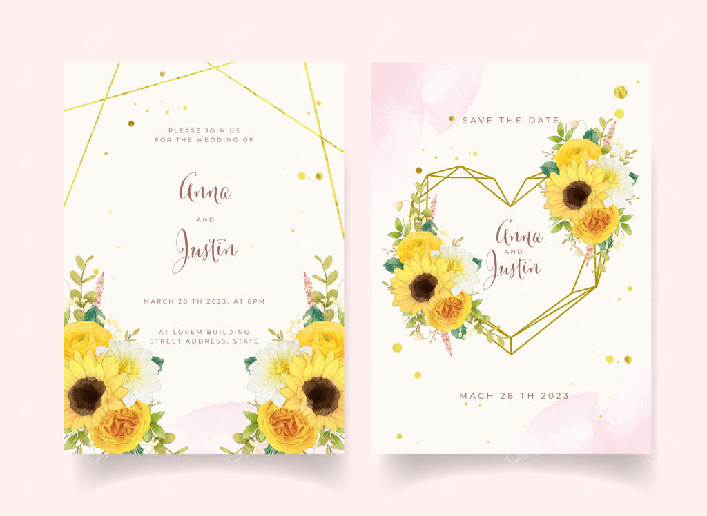 کارت دعوت عروسی با گل‌های زرد آبرنگی