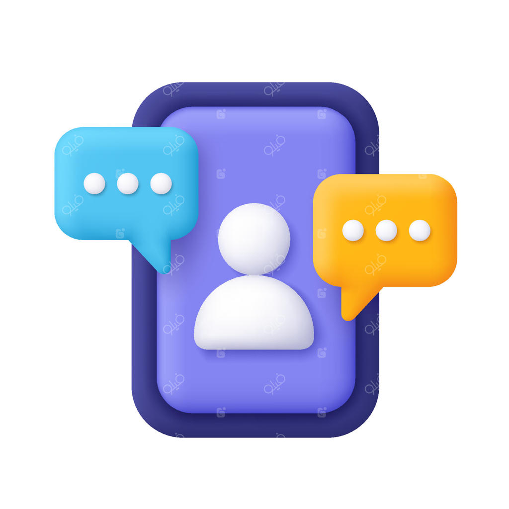 گوشی هوشمند با آیکون حباب گفتار و آواتار انسان. مفهوم شبکه‌های اجتماعی، بازاریابی، چت آنلاین، تماس و خدمات مشتری. آیکون سه‌بعدی به سبک کارتونی و ساده.