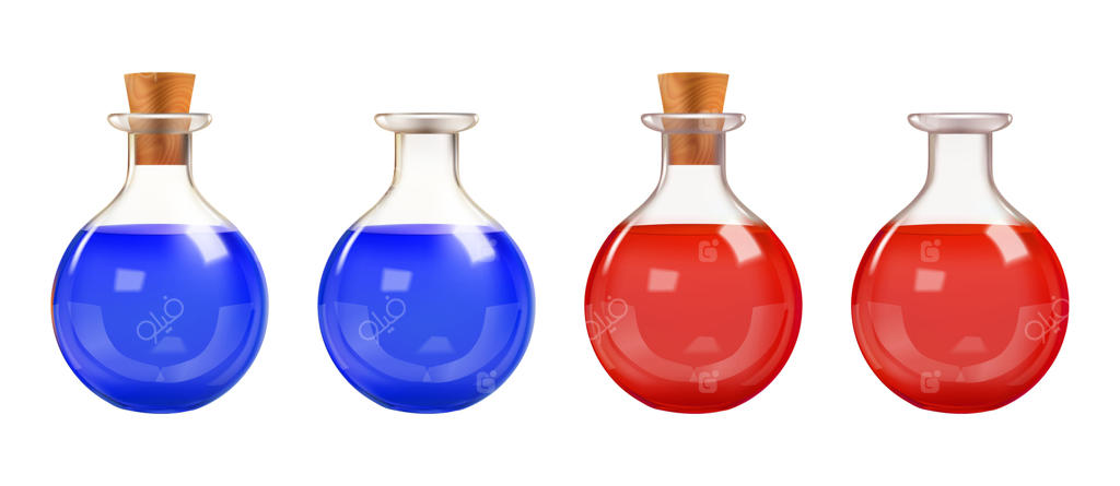 لوله آزمایش خون، بطری معجون سه بعدی، فلاسک شیشه‌ای مایع، حباب جادویی بازی‌های نقش‌آفرینی (RPG)، بشر آزمایشگاه شیمی، ظرف اکسیر قرون وسطایی، ویال پزشکی ایزوله، تجهیزات آزمایش عطاری، وکتور حرفه‌ای