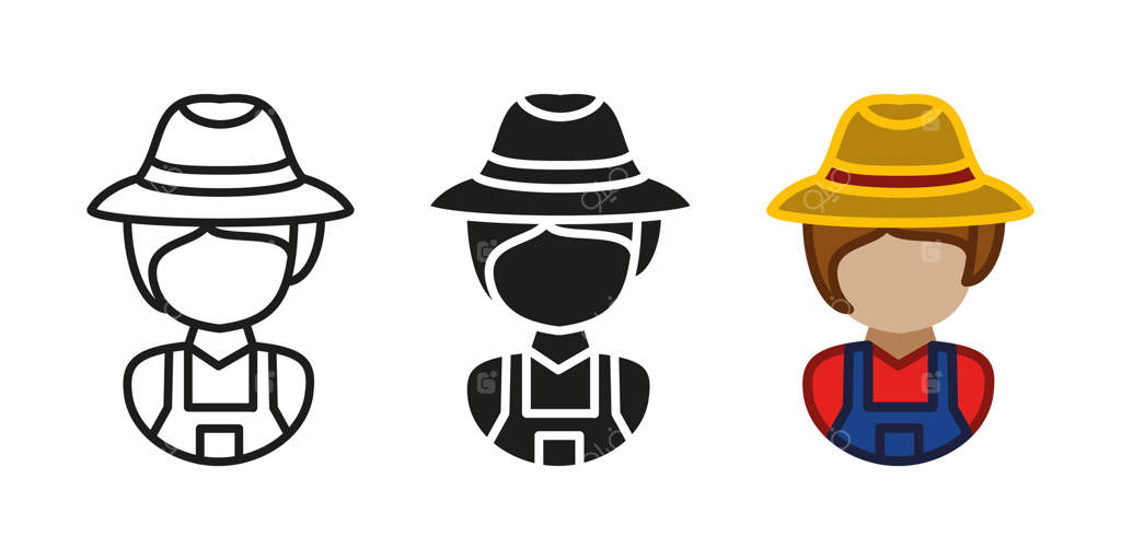 نماد دختر کشاورز: تصویرسازی لباس باغبان. نماد شخصیت زن در مزرعه: نشانه کارگر کشاورزی. پیکتوگرام زنی از روستا با کلاه: مفهوم مرد کشاورز.