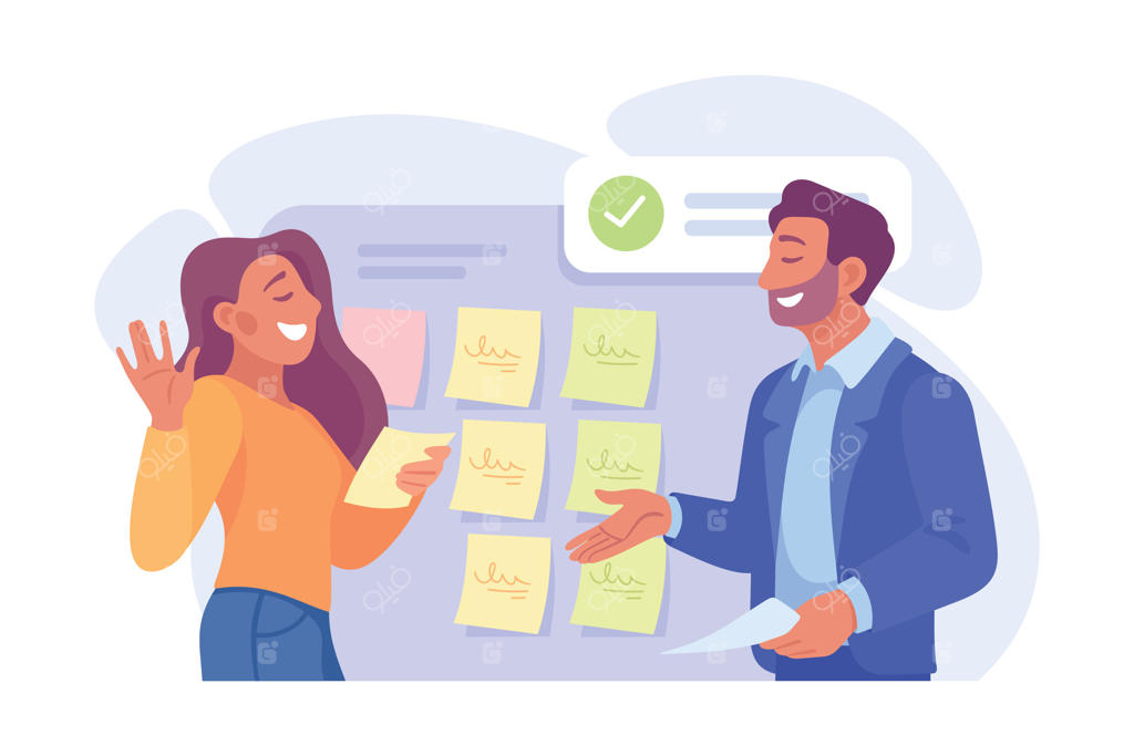 فرآیند کسب‌وکار با مرد و زن مشغول تحلیل در کنار تابلوی وظایف