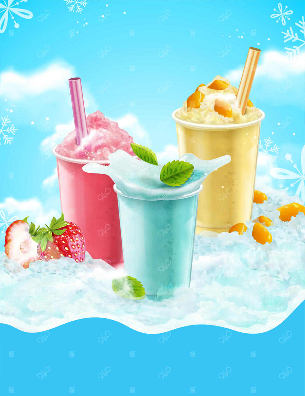 یخ‌در‌بهشت تابستانی در طعم‌های انبه، توت‌فرنگی و سودا با پس‌زمینه آبی و برف‌دانه‌ها