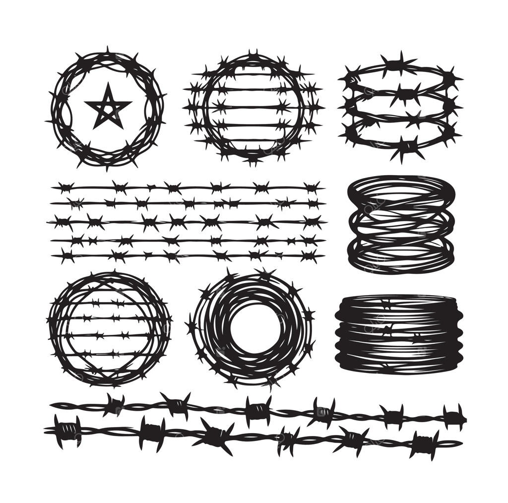 سیم خاردار روی زمینه سفید. سیم تیغ‌دار با سبک مینیمال و هندسی مدرن. مجموعه حصار زندان خشن. تصویرسازی می‌تواند در طراحی وب مورد استفاده قرار گیرد.