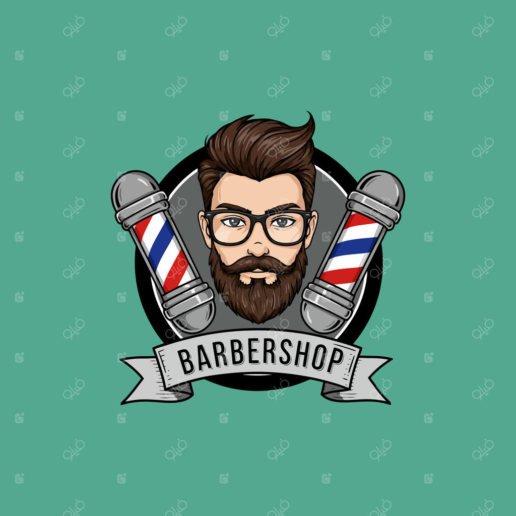 لوگوی جذاب آرایشگاه: مردی عینکی با ریش، در کنار ستون‌های سنتی آرایشگری و یک بنر.