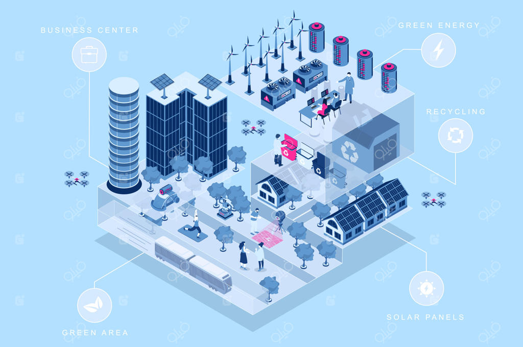 مفهوم سه‌بعدی شهر هوشمند برای طراحی وب: زندگی مردم در اتاق‌های ایزومتریک در منطقه مسکونی با پنل‌های خورشیدی و فضای سبز، استفاده از انرژی پاک و کار در مرکز تجاری. تصویرسازی.