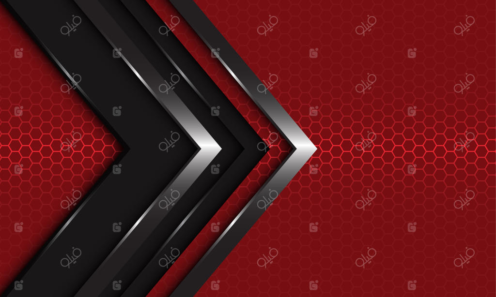 جهت فلش نقره‌ای خاکستری تیره روی زمینه شبکه‌ای لانه زنبوری قرمز - طراحی مدرن و لوکس