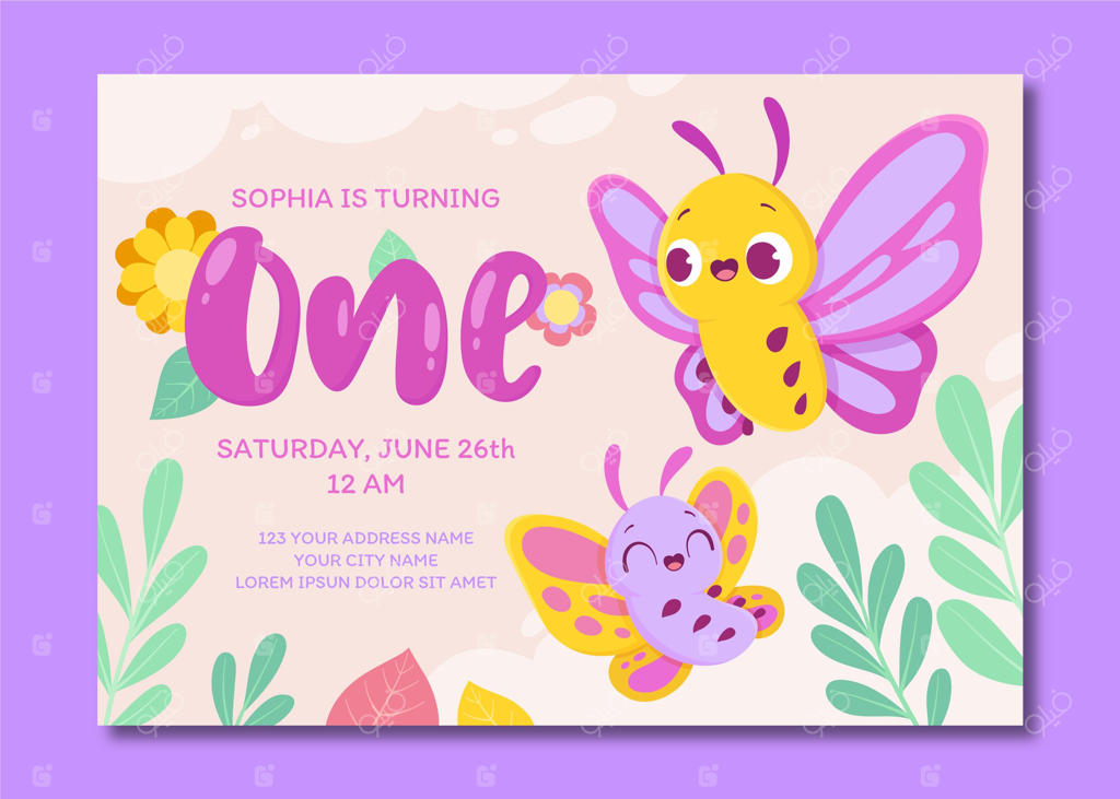 قالب دعوت‌نامه تولد با طرح کارتونی پروانه