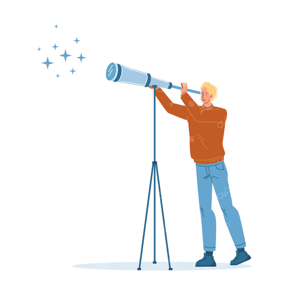 کاراکتر کارتونی با طراحی تخت در حال تماشای دوردست با تلسکوپ روی ستاره‌های درخشان