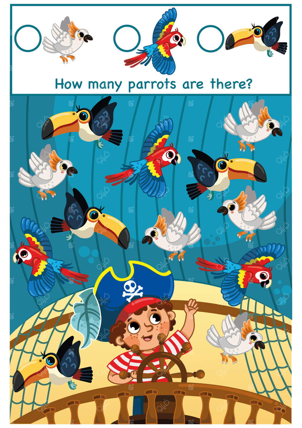به دزد دریایی کوچک کمک کنید تا طوطی‌ها را بشمارد - تصویر وکتور برای کودکان