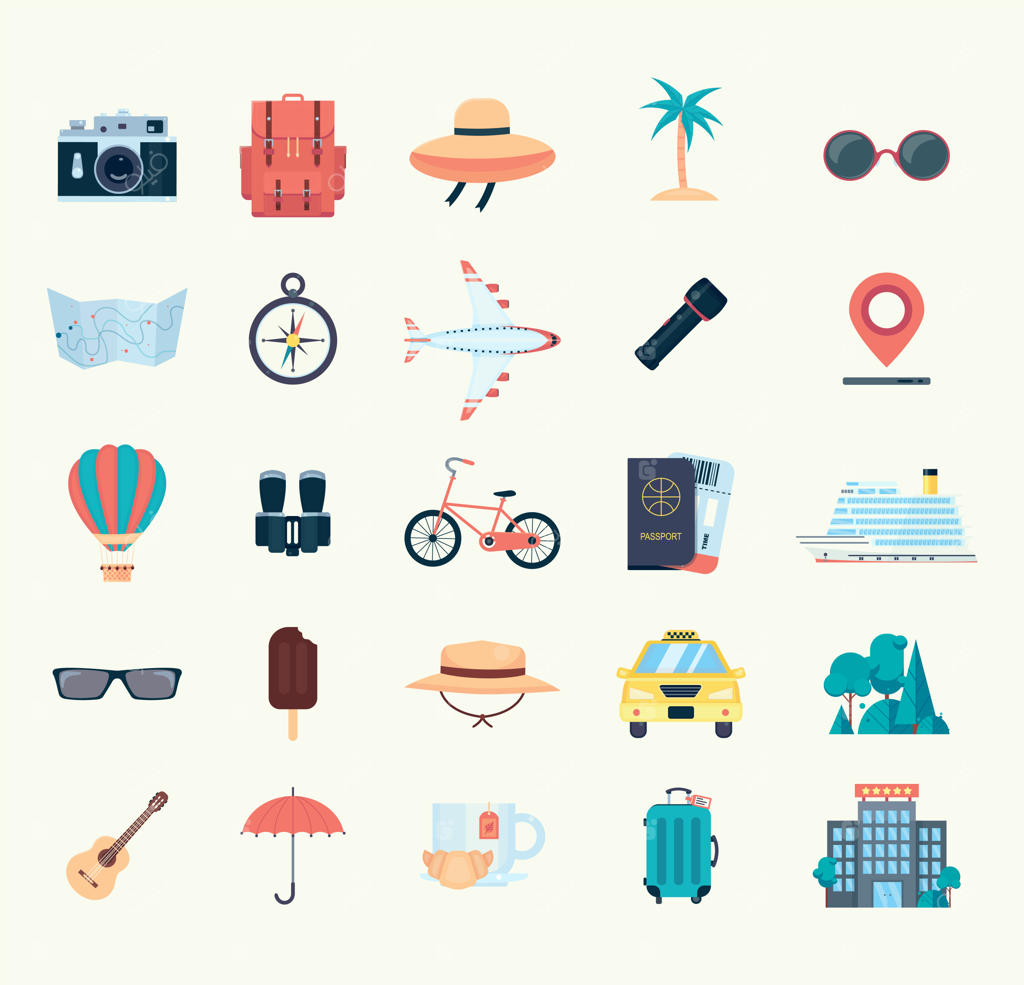 مجموعه آیکون‌های سفر - تصویرسازی وکتور مسطح بر روی پس‌زمینه سفید