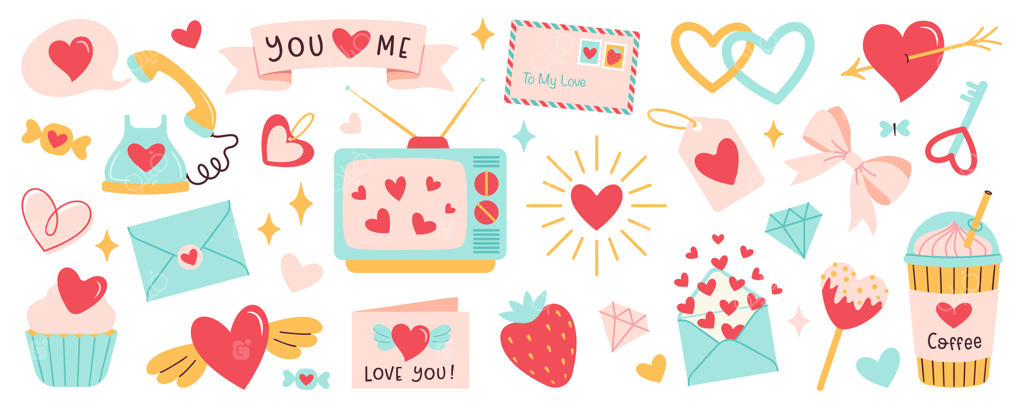 مجموعه عناصر روز ولنتاین: هدیه، قلب، تلویزیون، کیک، پاکت نامه، توت، تلفن، دسته گل، قهوه و دیگر تزیینات سنتی. مفهوم عروسی و عشق به سبک کارتونی برای برچسب‌ها و کارت‌ تبریک.