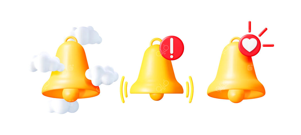 آیکون زنگ نوتیفیکیشن براق زرد سه‌بعدی با ابرها، هشدار مهم و نشانه توجه و قلب. مفهوم نرم‌افزار وب.
