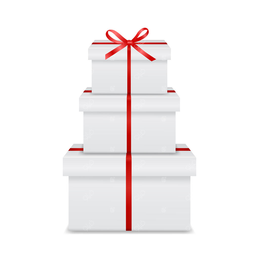 چیدمان سه جعبه هدیه سفید با روبان و پاپیون قرمز