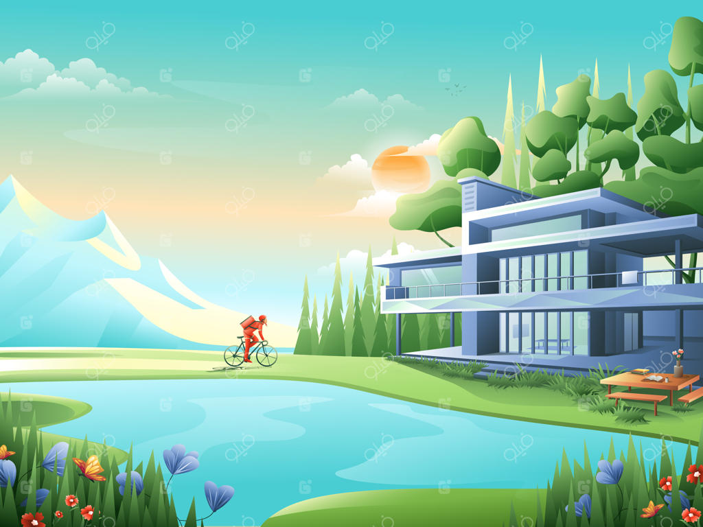 پس‌زمینه منظره‌ای از یک پیک دوچرخه‌سوار که به سوی یک خانه در منظره‌ای زیبا می‌رود.