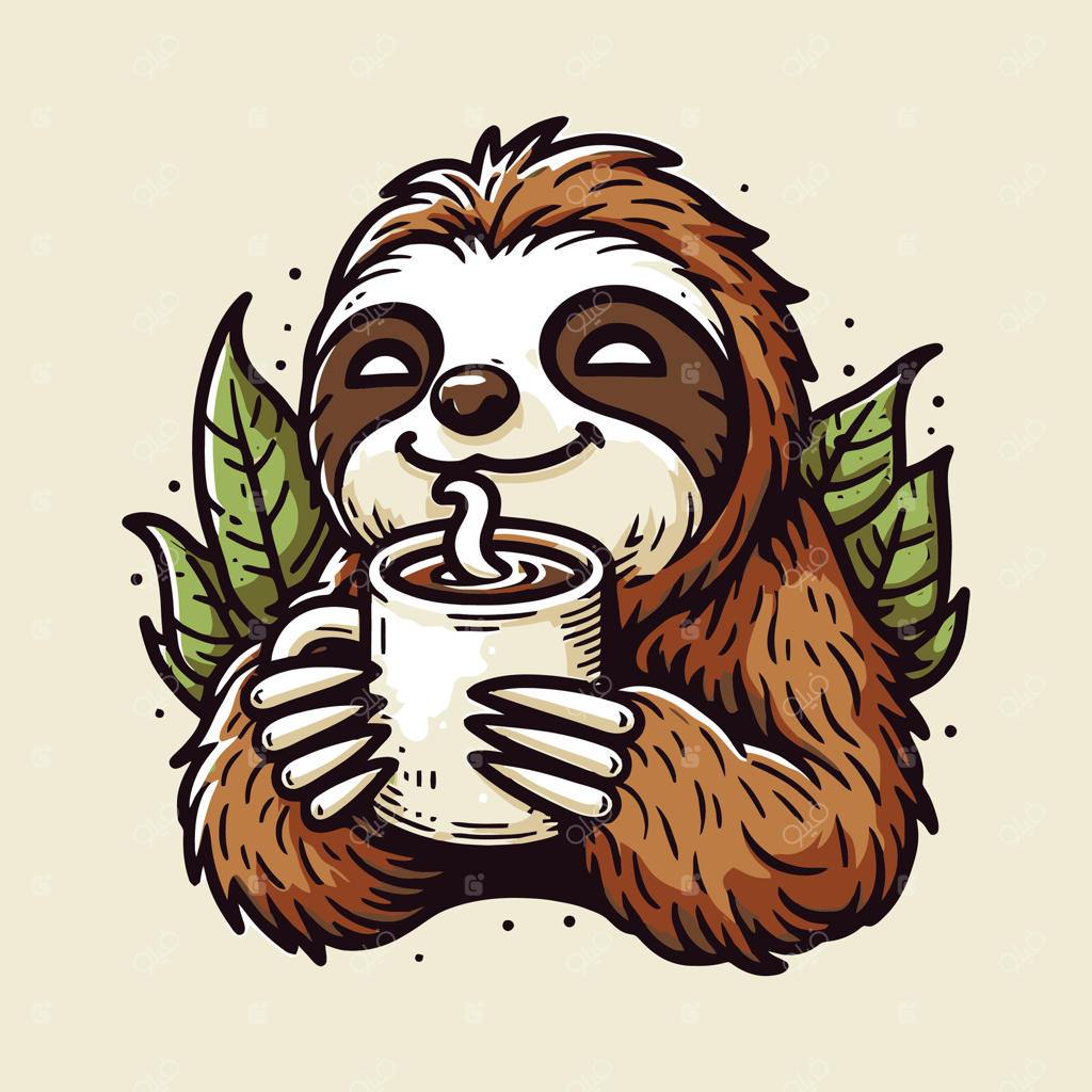 آرم و نشان تنبل ذن با چای - تصویر حیوان گرمسیری آرام و دنج