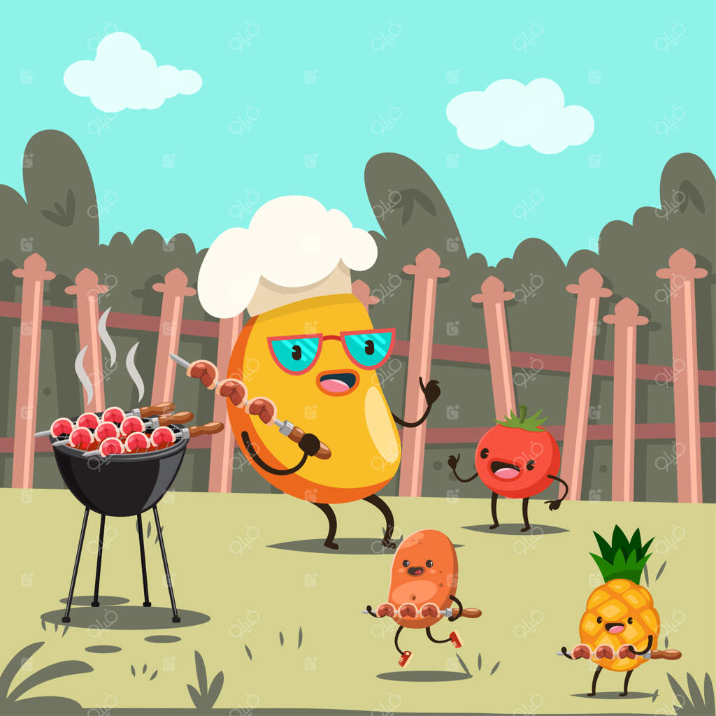 انبه خنده‌دار با آناناس، سیب‌زمینی و گوجه‌فرنگی: شخصیت‌های کارتونی بامزه در جشن باربیکیو کودکان در حیاط پشتی