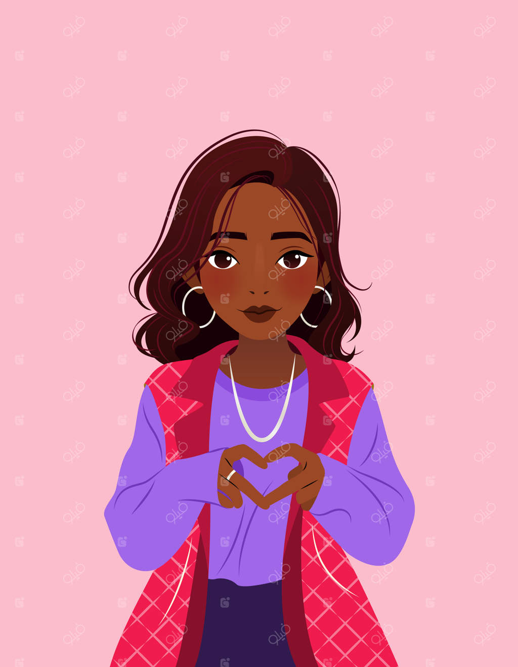 زن جوان زیبا که با دستانش علامت قلب را نشان می‌دهد، تصویر برداری برای پوستر چاپی