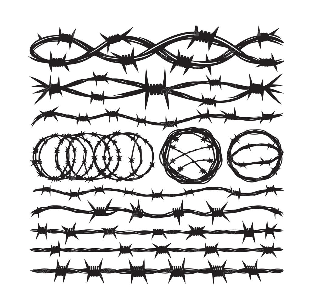 مجموعه سیم خاردار بر روی پس‌زمینه سفید. سیم تیغ‌دار در سبک مینیمال و هندسی مدرن. مجموعه حصار زندان خشن. مناسب برای طراحی وب.