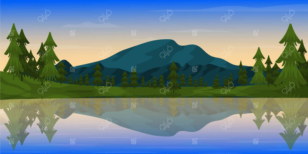 پس‌زمینه رودخانه صاف که شامگاه را در میان درختان و تپه‌ها به تصویر می‌کشد