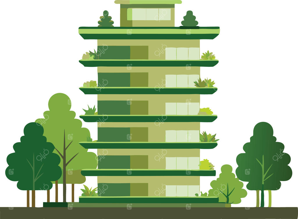 ساختمان مدرن و دوستدار محیط زیست، محاصره شده با درختان و گیاهان سبز، نمایشگر طراحی معماری پایدار با باغ‌های طبقه‌بندی‌شده