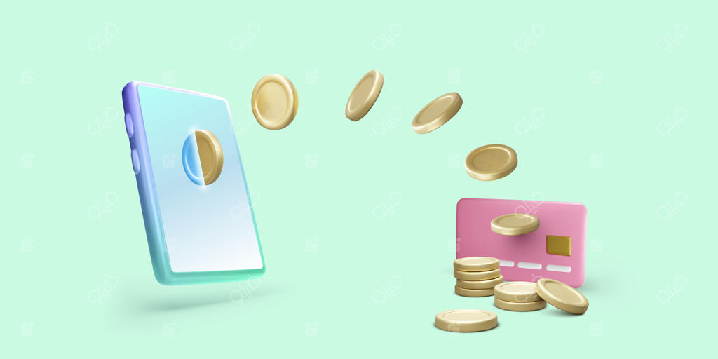 گوشی سه‌بعدی با انتقال سکه طلا به کارت اعتباری. مفهوم پرداخت یا تراکنش آنلاین. بنر اپلیکیشن تجاری موبایل به سبک کارتونی و واقعی. تصویرسازی وکتور
