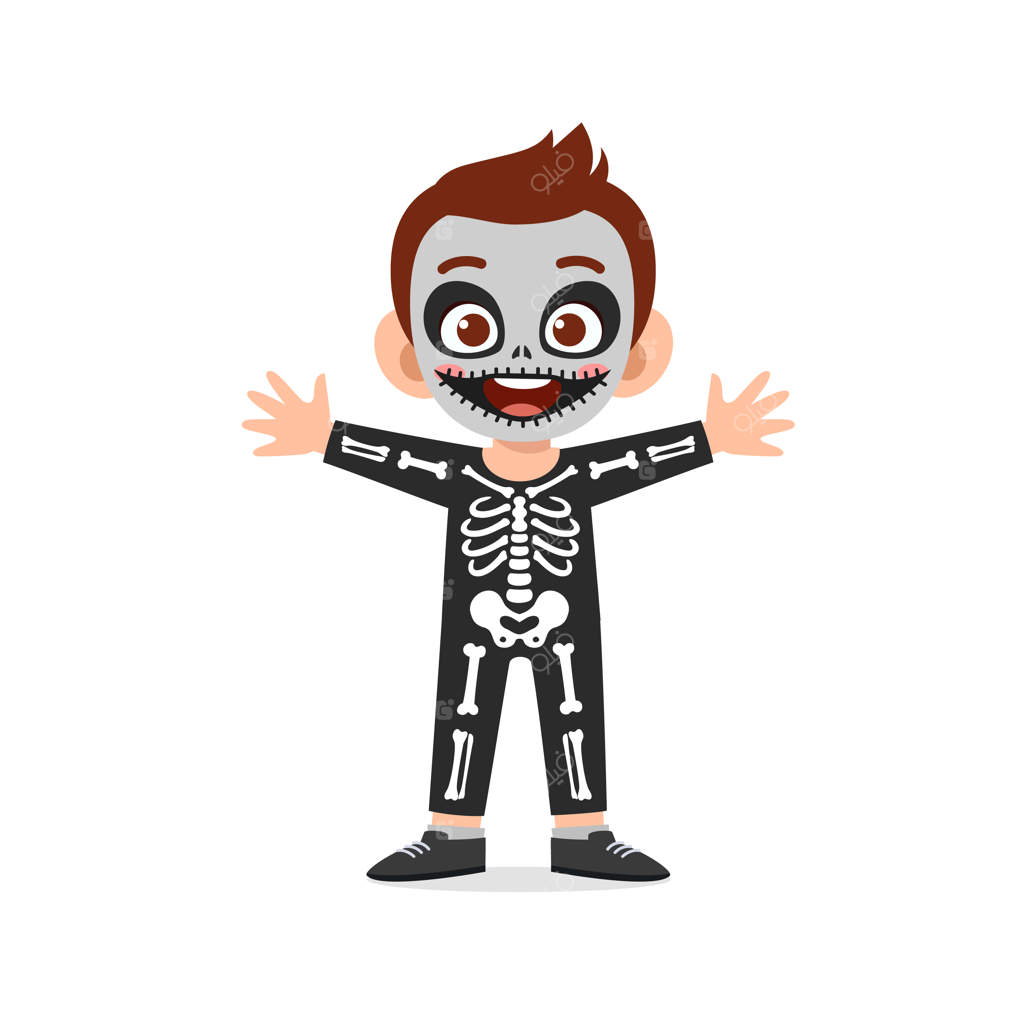 کودک بامزه با لباس اسکلت جشن هالووین را جشن می‌گیرد