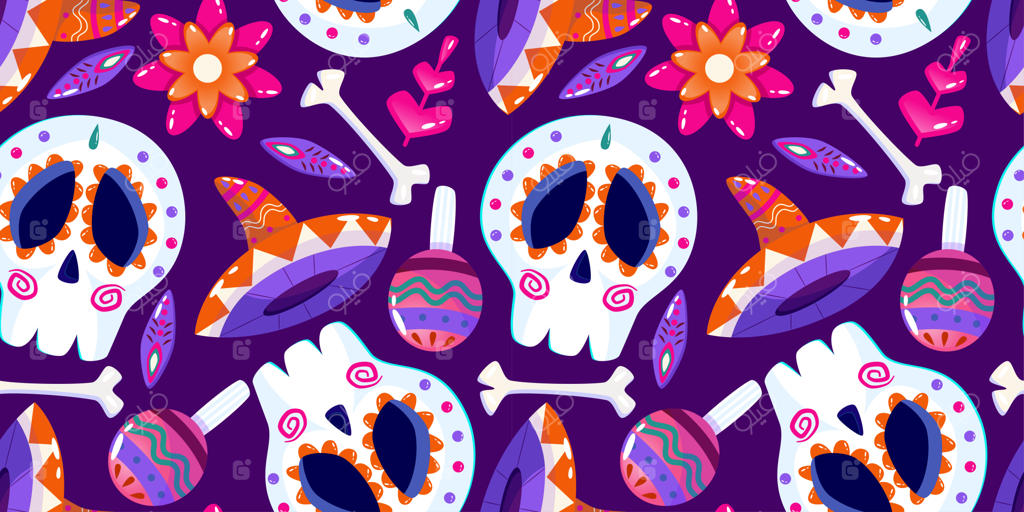 الگوی مُورتوس با جمجمه - روز مردگان مکزیک - تعطیلات گل‌چهره - پس‌زمینه بنفش هالووین همراه با الگوی گلدار بی‌وقفه