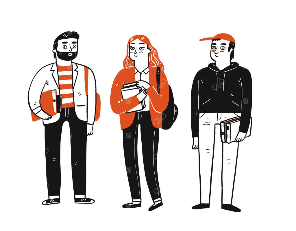 گروهی از دانش‌آموزان در حال ایستادن و گپ زدن با کتاب‌هایشان هستند.