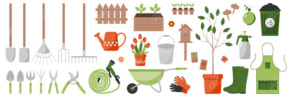مجموعه بزرگ ابزار و تجهیزات باغبانی. مفهوم باغبانی. عناصر طراحی برای چاپ، بسته‌بندی یا برچسب‌ها. تصویرسازی
