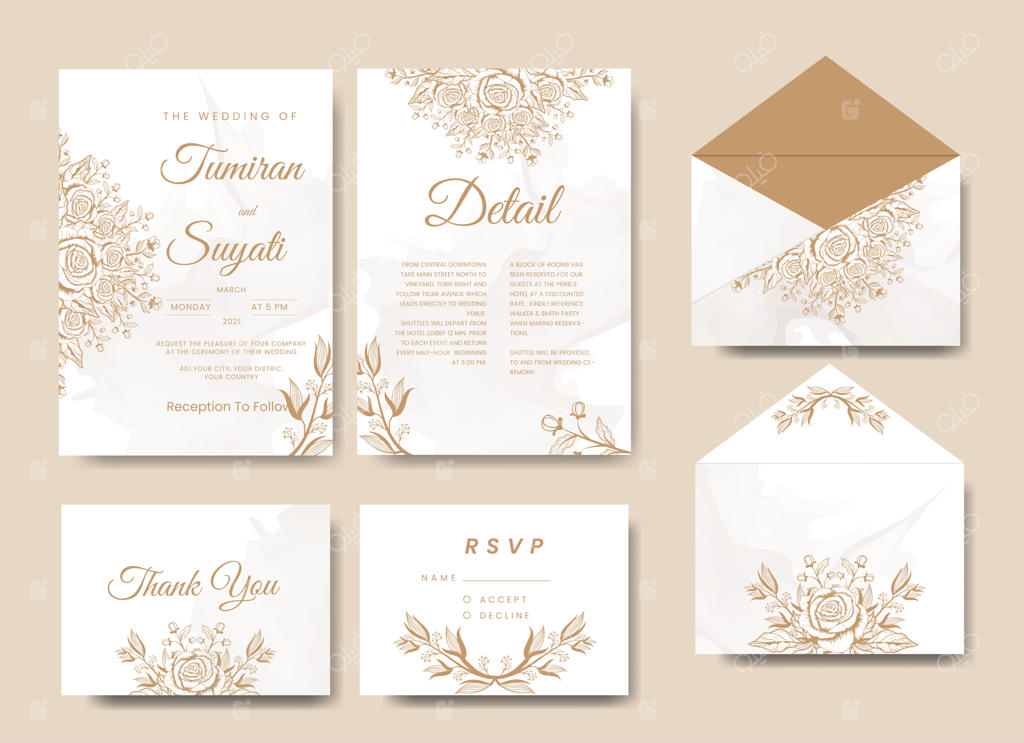 ست کامل کارت دعوت عروسی گل‌دار و شیک