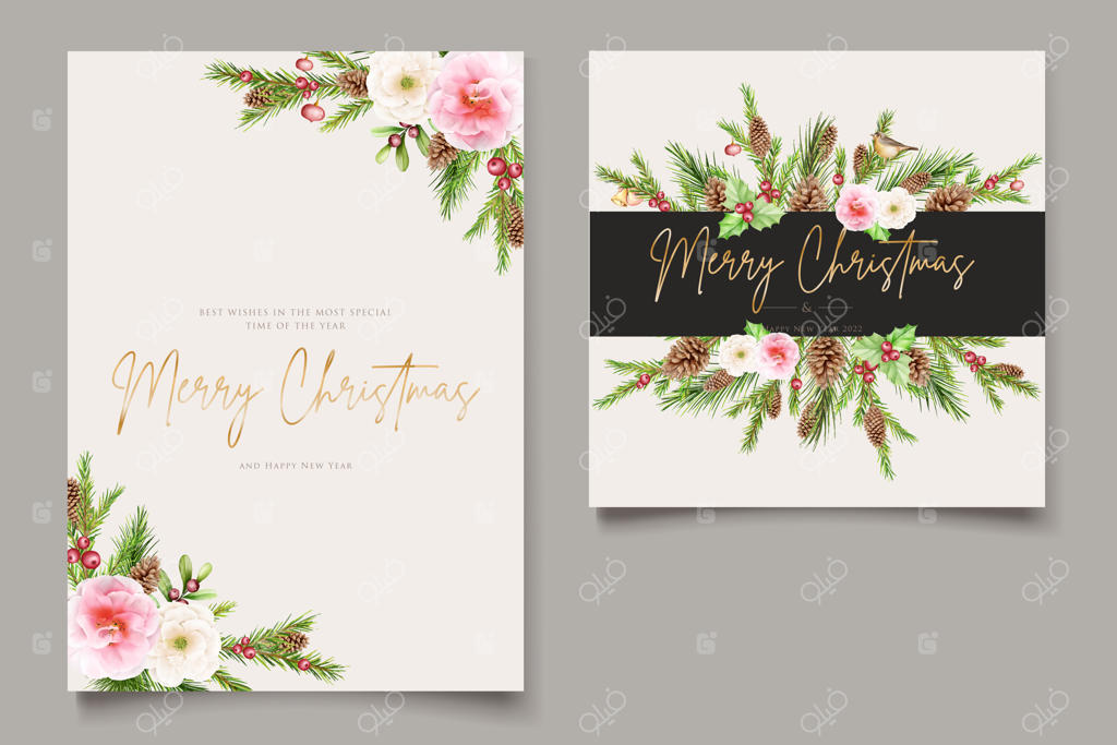 گل‌ها و برگ‌های کریسمس با آبرنگ و طراحی دستی