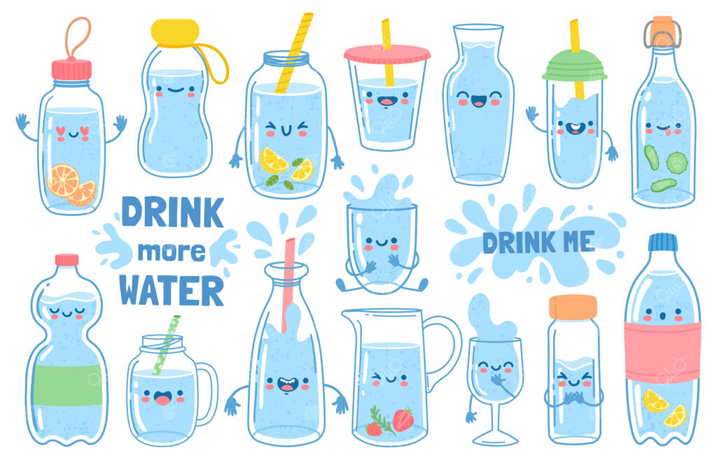 آب بیشتری بنوشید: بطری‌ها، لیوان‌ها و پارچ‌هایی با چهره‌های کارتونی بامزه. آب‌های سم‌زدایی با لیمو و نعناع. انگیزه‌ای برای عادت سالم نوشیدن آب. ظرف‌های با نی و درب و لبخند نموداری