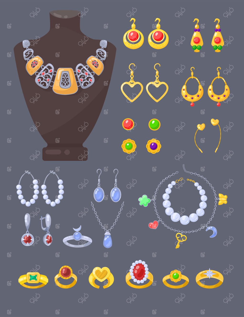 مجموعه تصویرسازی کارتونی جواهرات و زیورآلات طلا و نقره زنانه؛ شامل انگشتر و حلقه الماس عروسی، گوشواره مروارید، آویز و گردنبند زیبا با سنگ‌های قیمتی