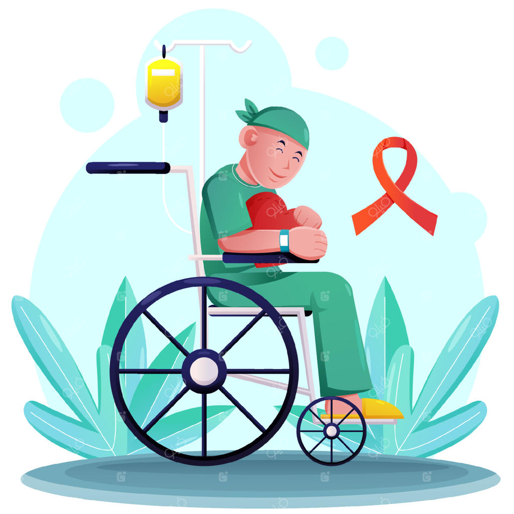 کودکی مبتلا به سرطان روی ویلچر نشسته است