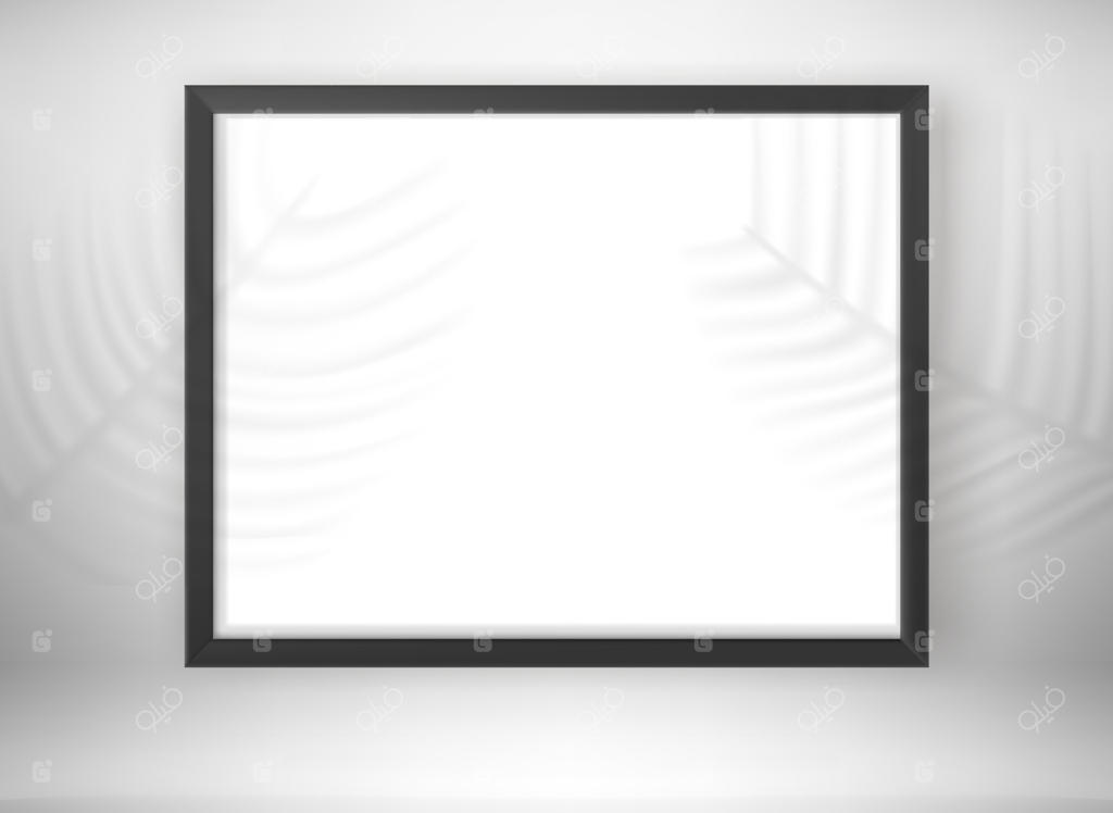 موکاپ وکتور سه‌بعدی قاب مشکی خالی در فضای داخلی با سایه برگ‌های نخل