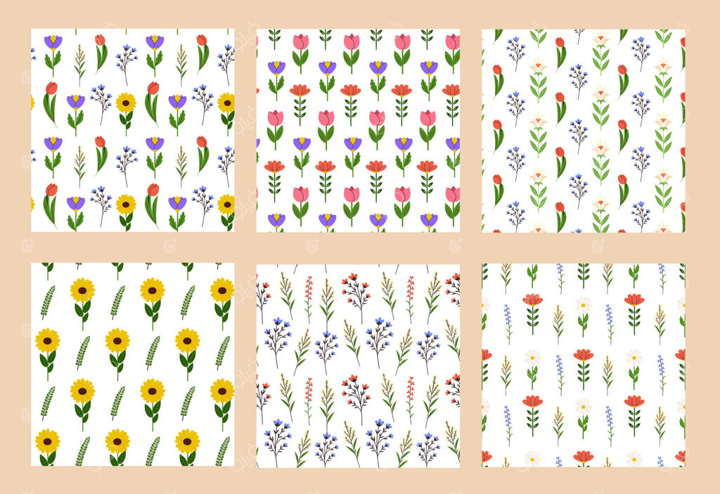 مجموعه الگوهای یکپارچه از گل‌های باغ و مزرعه. چاپ تکراری گل‌های بهاری و تابستانی. پس‌زمینه گیاهی و طراحی بافت برای منسوجات، پارچه و بسته‌بندی. تصویرسازی تخت وکتور.