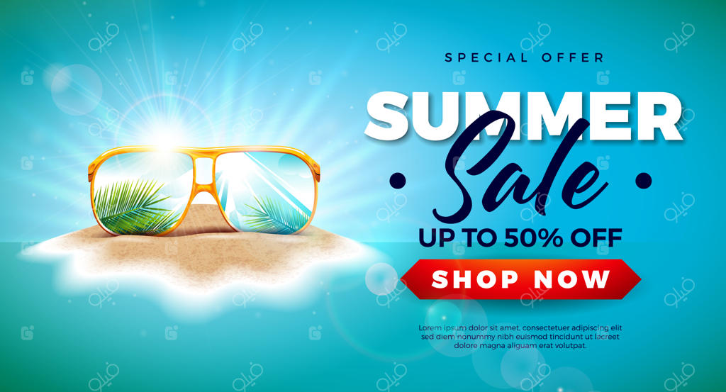 طراحی حراج تابستانی با برگ‌های نخل و عینک آفتابی شیک