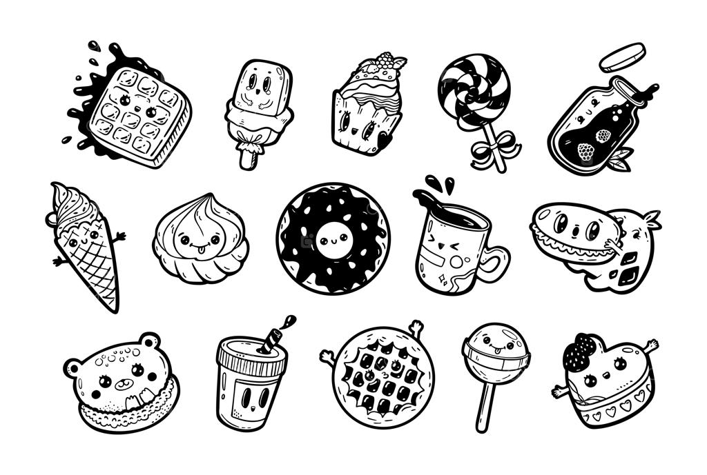 مجموعه‌ای از شخصیت‌های کارتونی و بامزه‌ی سبک کاوایی: مجموعه‌ای از ایموجی‌های بامزه برای فروشگاه شیرینی. تصویرسازی‌های دستی با جوهر سیاه بر روی زمینه سفید.