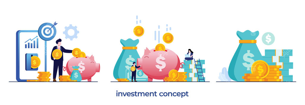 مفهوم سرمایه‌گذاری: رشد، سرمایه‌گذار مالی، پس‌انداز و بانکداری - طراحی مسطح وکتور پول و قلک
