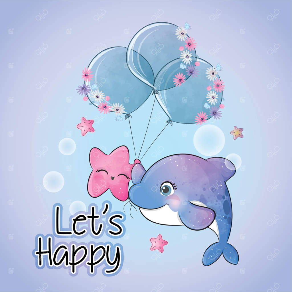 تصویر بامزه‌ای از دلفین و ستاره دریایی در پس‌زمینه خوشحال