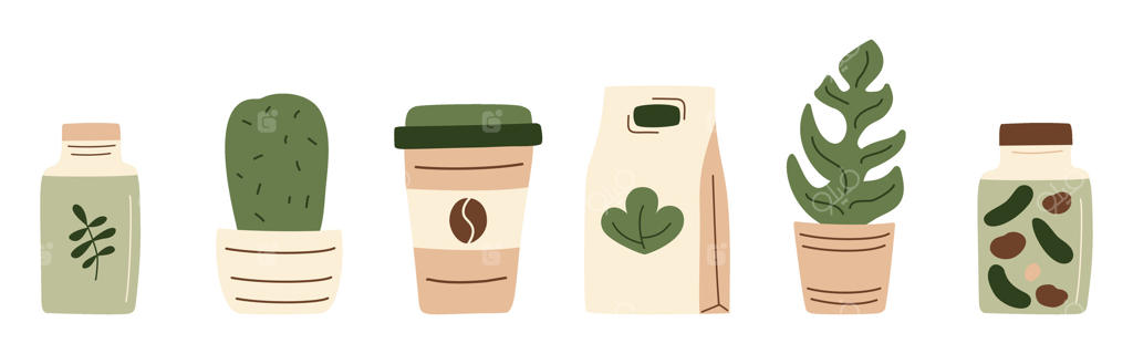 غذای کنسرو شده، فنجان قهوه، کیسه کاغذی، گیاه و کاکتوس در یک ردیف. وعده غذایی نگهداری شده در شیشه‌ای از سوپرمارکت یا بازار کشاورزی برای طراحی سازگار با محیط زیست. تصویرسازی به سبک ساده و طبیعی.