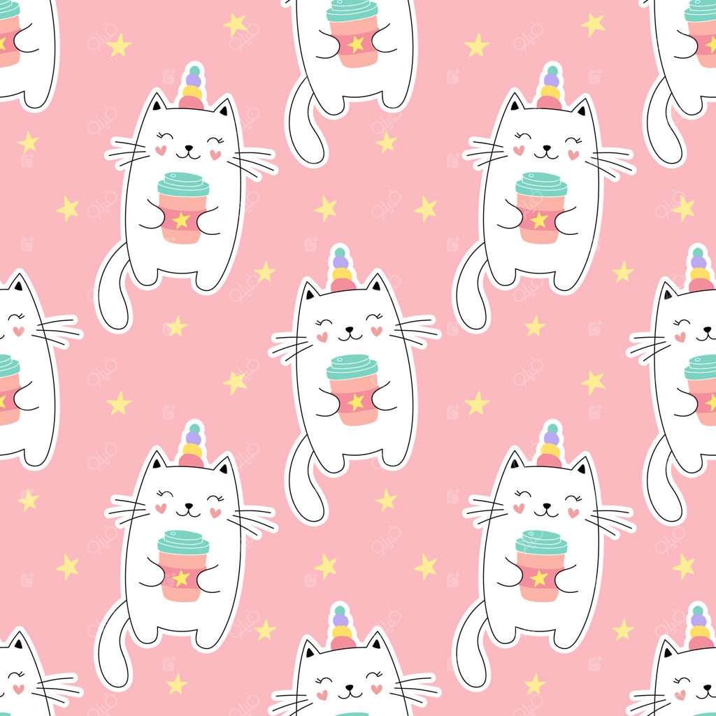 طرح یکپارچه گربه کوچولوی شاخدار و فنجان قهوه: چاپ دخترانه برای منسوجات، بسته‌بندی، پارچه‌ها و کاغذ دیواری.